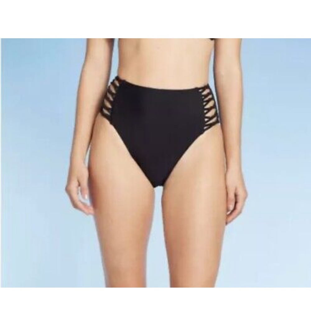 NWT Xhilaration Juniors Strappy Knotted High Waist Cheeky Bikini Bottom Black